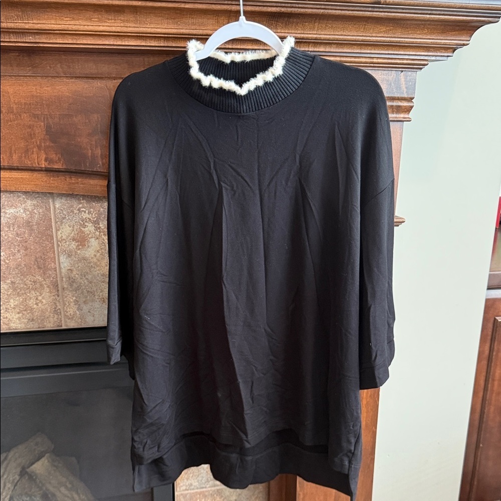 Capote black elbow length mock neck light sweater fuzzy off-white trim neck M-XL